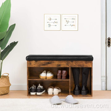 Schuhbank aus Holz mit Kissen und Schubladen